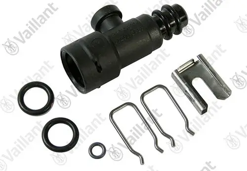 Vaillant Adapter mit Manometer und verschiedenen o-Ringen sowie Halterungen für die Montage. Komponenten in schwarz und metallischen Farben.